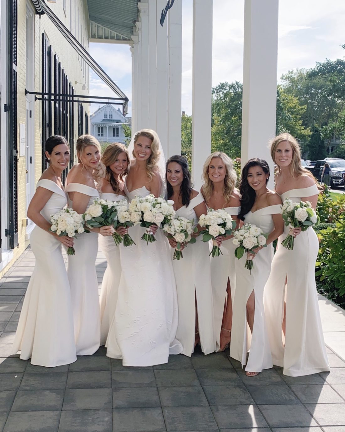 all white bridal party cape may bridesmaid dresses