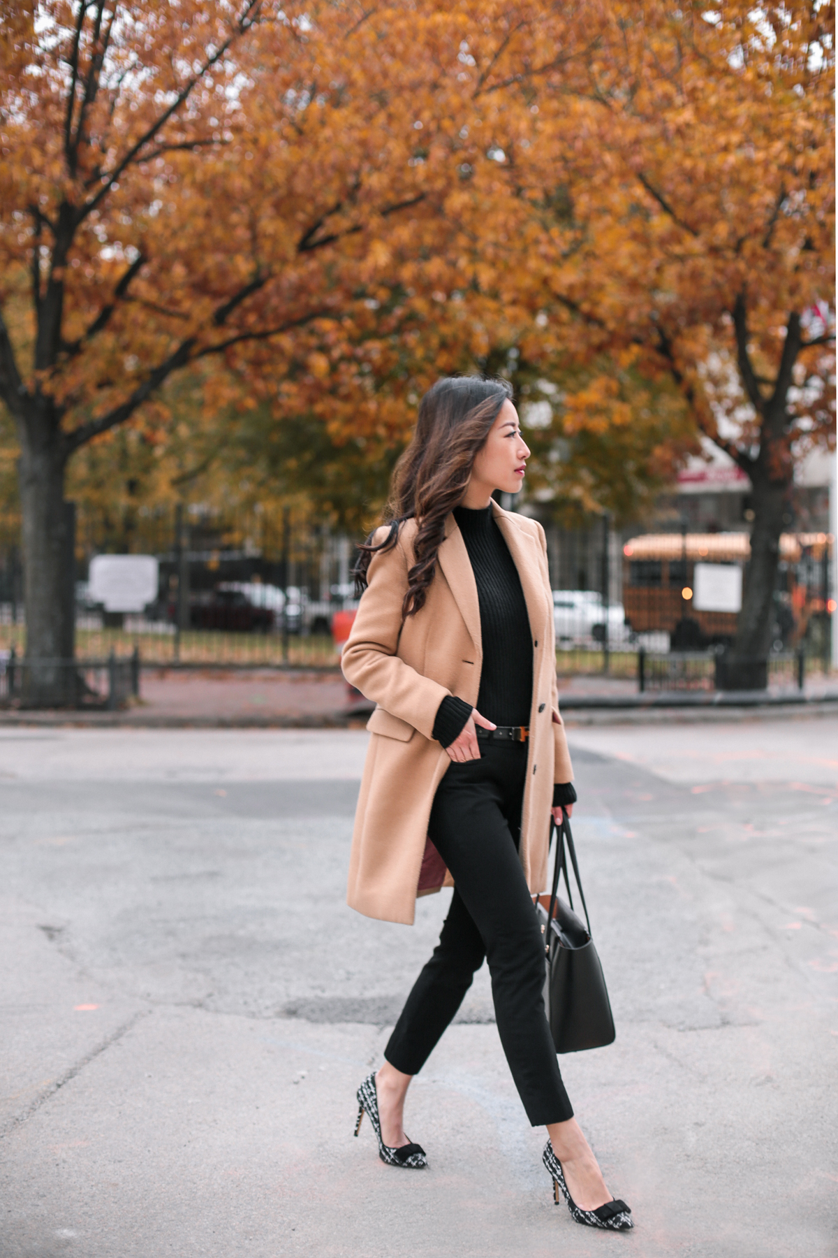 camel wool winter coat black outfit petite fashion blog