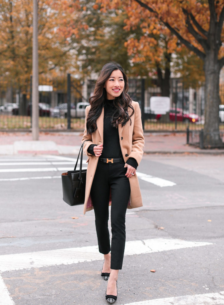 classic fall winter fashion_camel coat slimming black pants