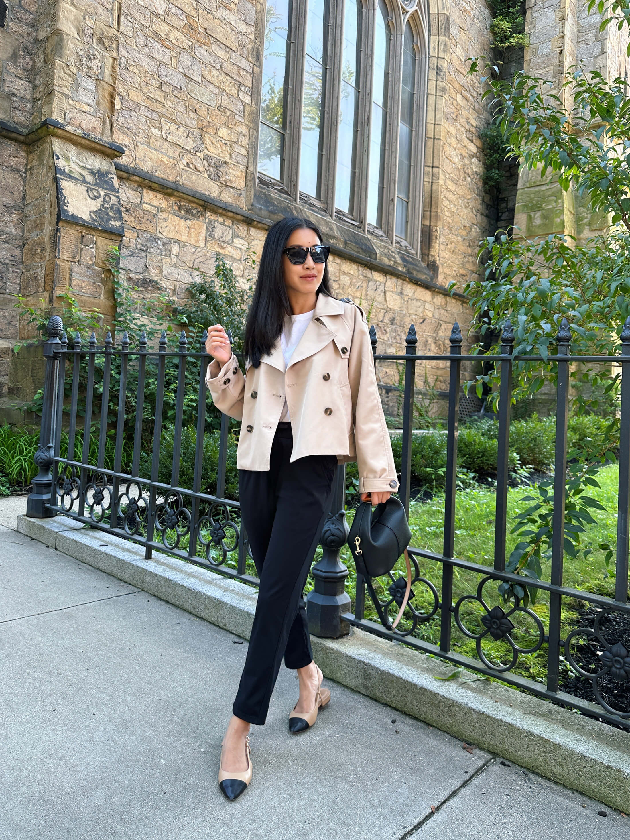 cropped trench coat black pants petite fall outfit