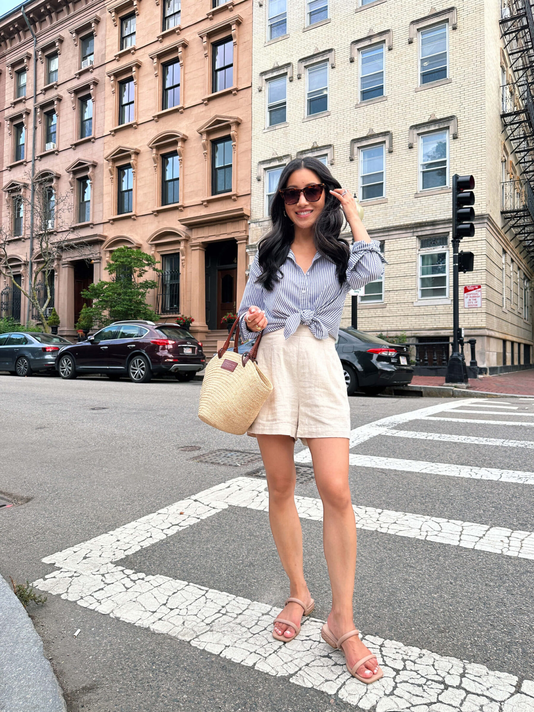 everlane silky cotton shirt madewell clean shorts petite outfit