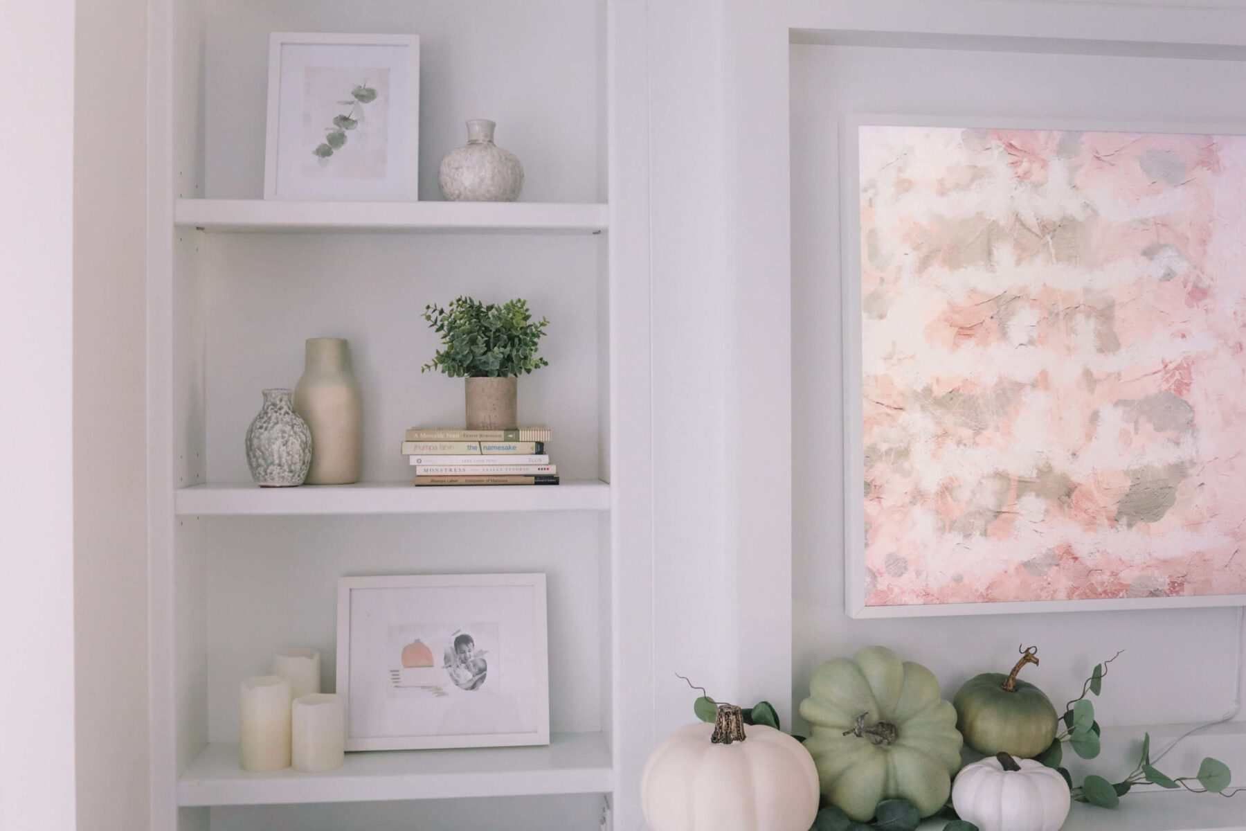 fall decor for built in shelves