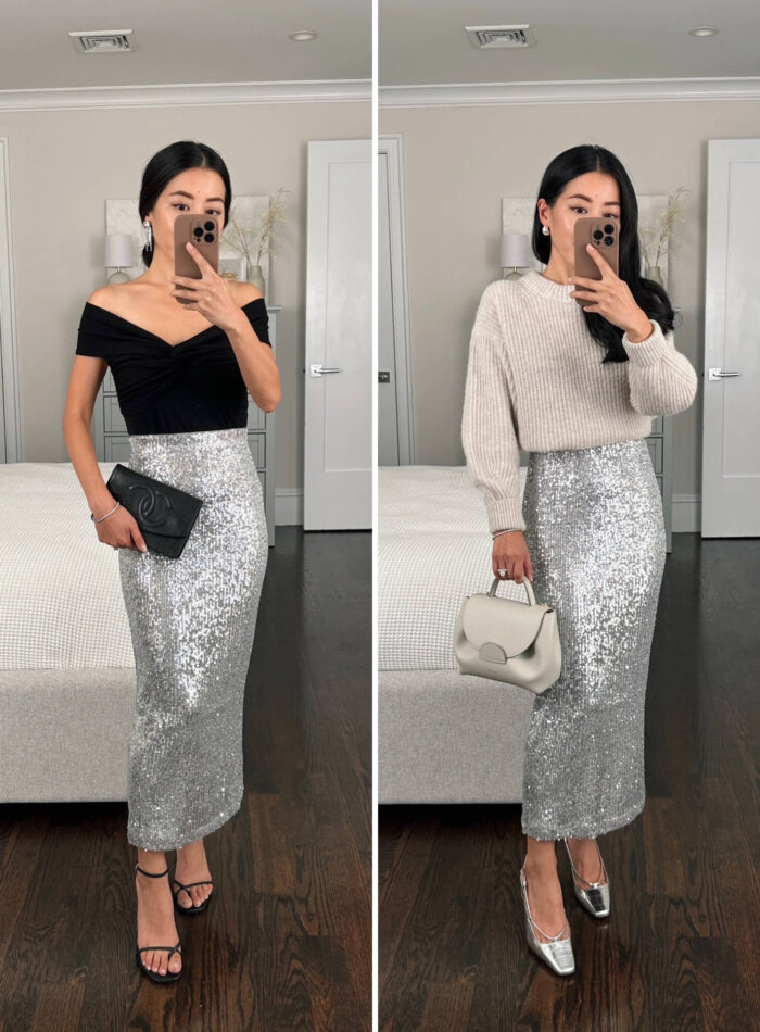 petite midi sequin skirt holiday outfit ideas