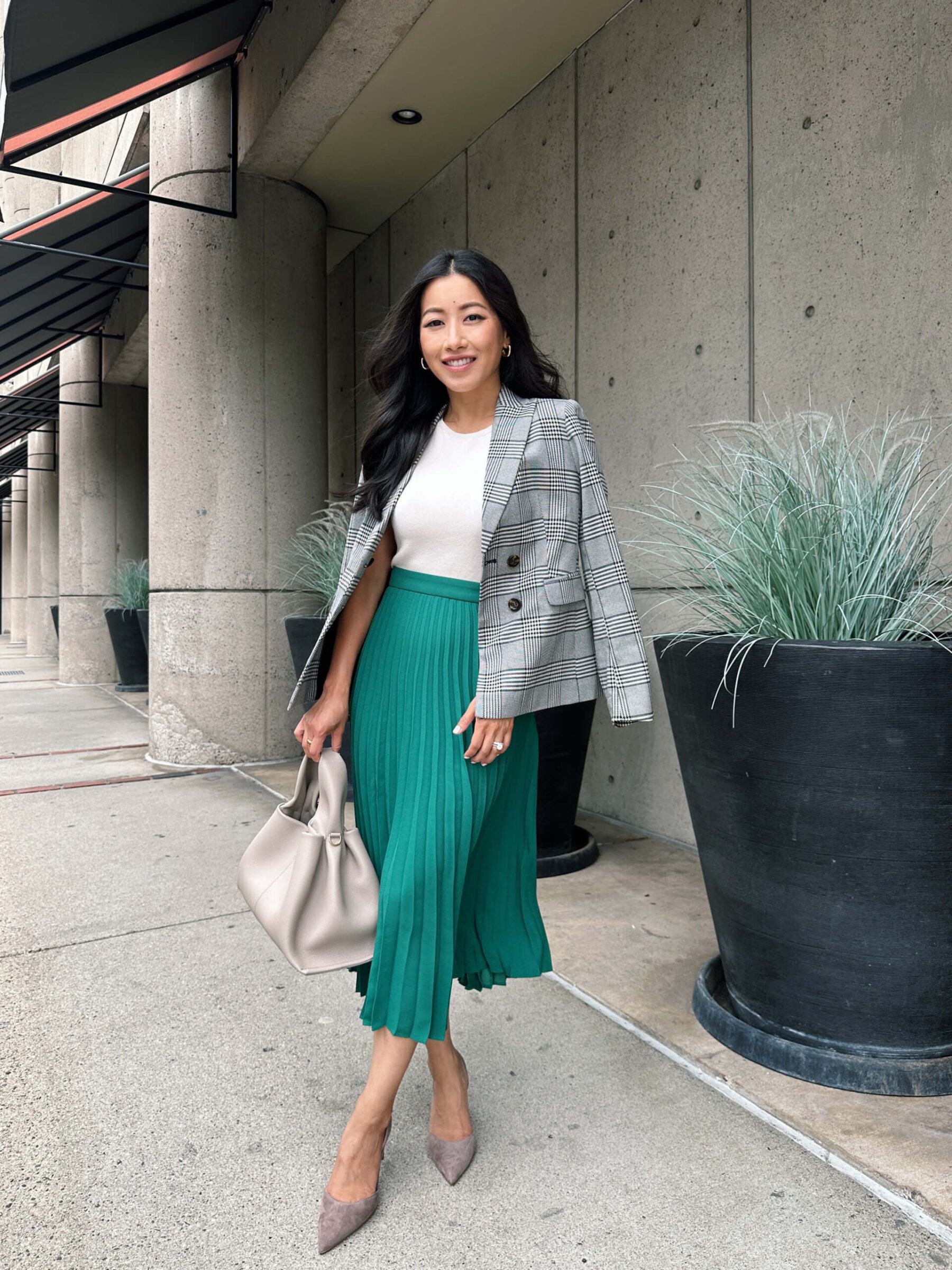how to style a plaid blazer pleated skirt petite