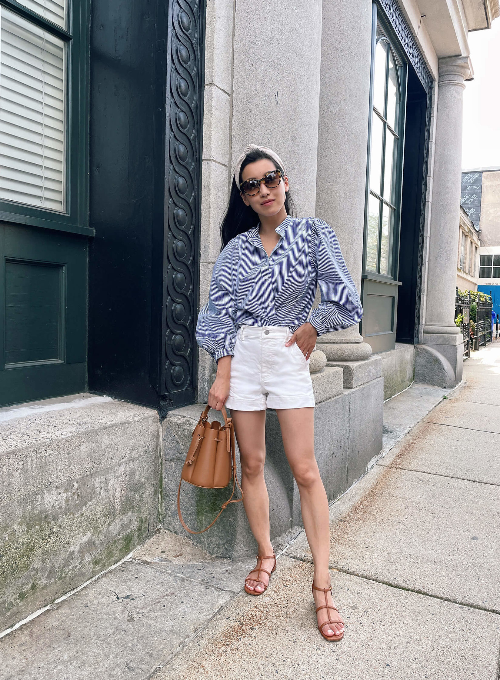 jcrew blue white striped shirt everlane shorts outfit