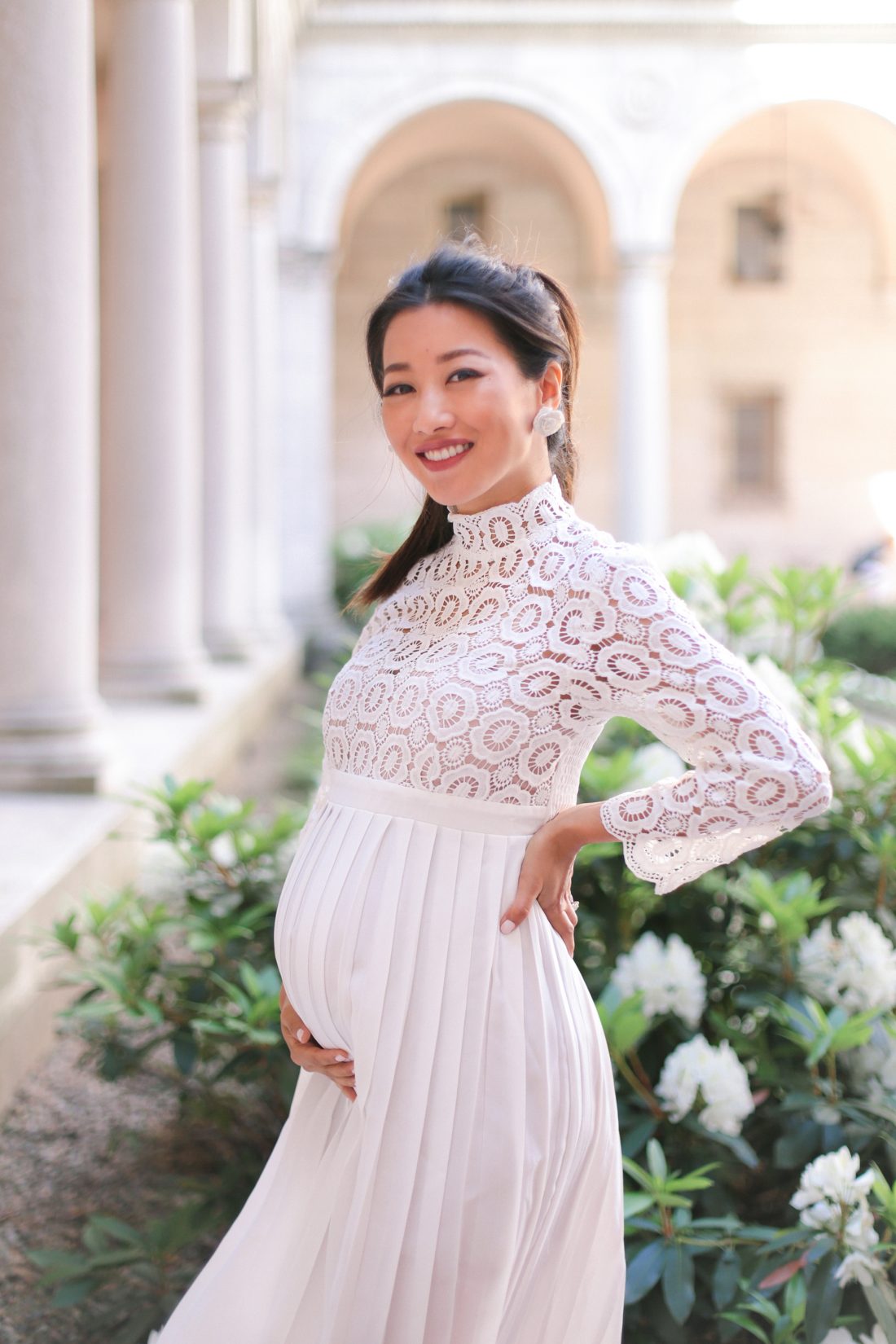 maternity photoshoot white lace dress