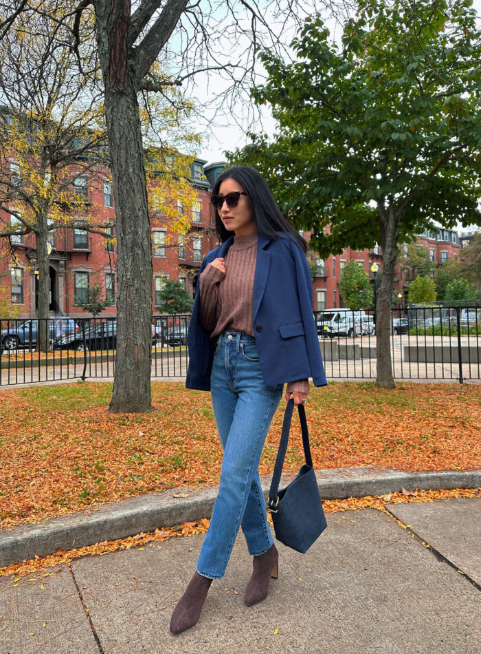 madewell perfect vintage jeans petite navy blazer fall