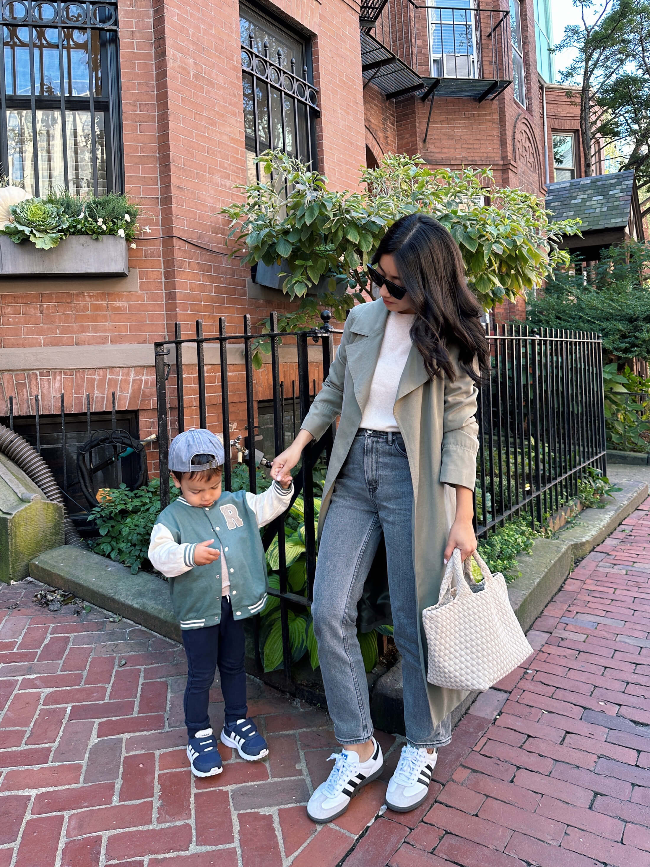 mommy and son fall petite trench coat outfit