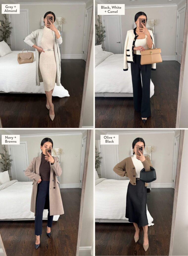 neutral work outfits winter to spring