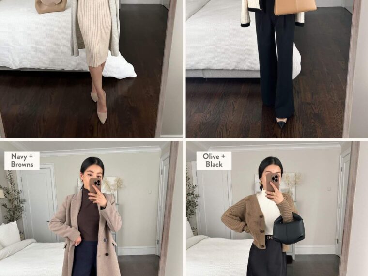 neutral work outfits winter to spring