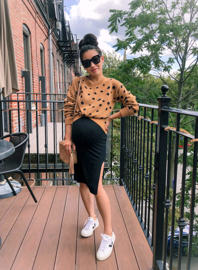leopard sweater fall petite maternity outfit ideas