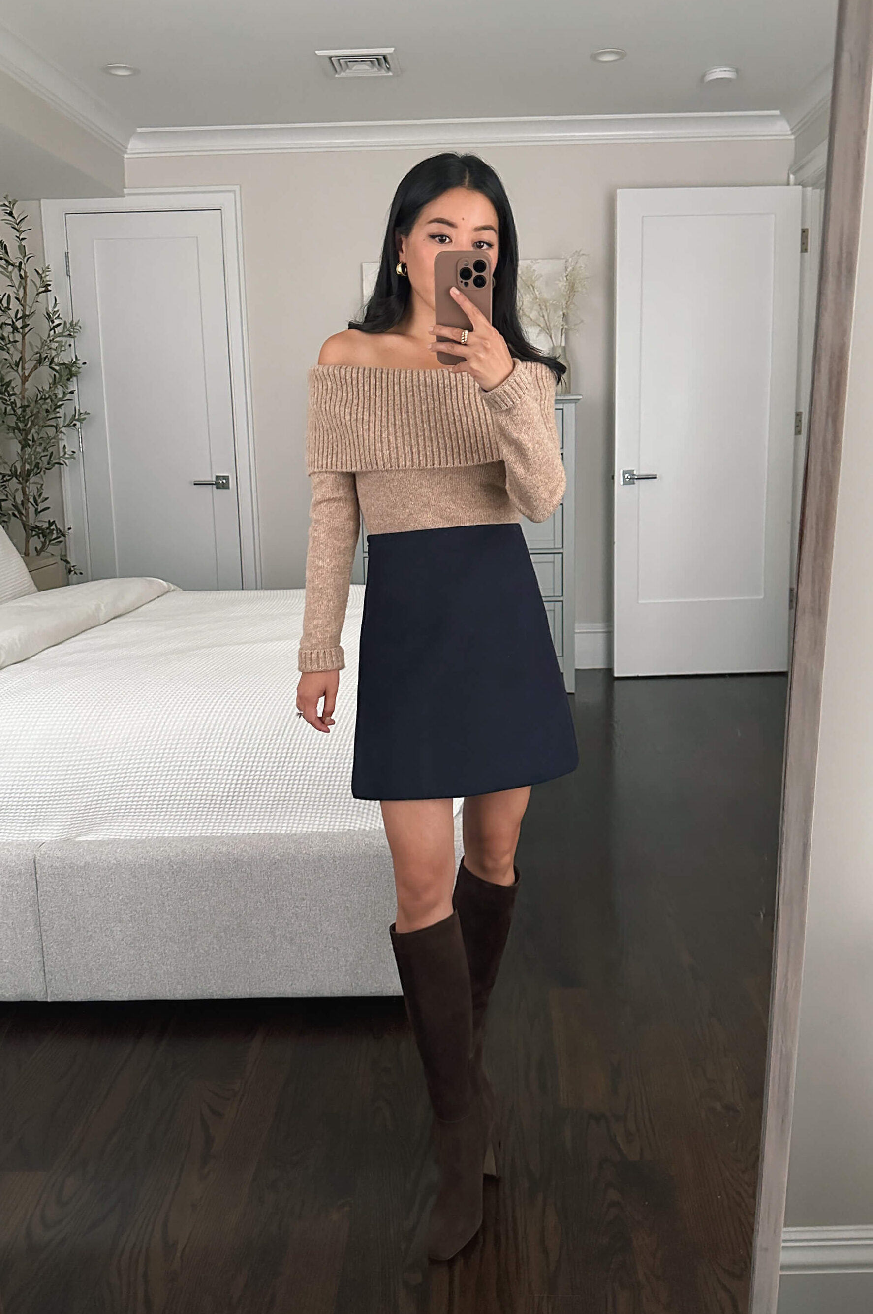 petite brown knee high suede boots theory wool navy skirt outfit