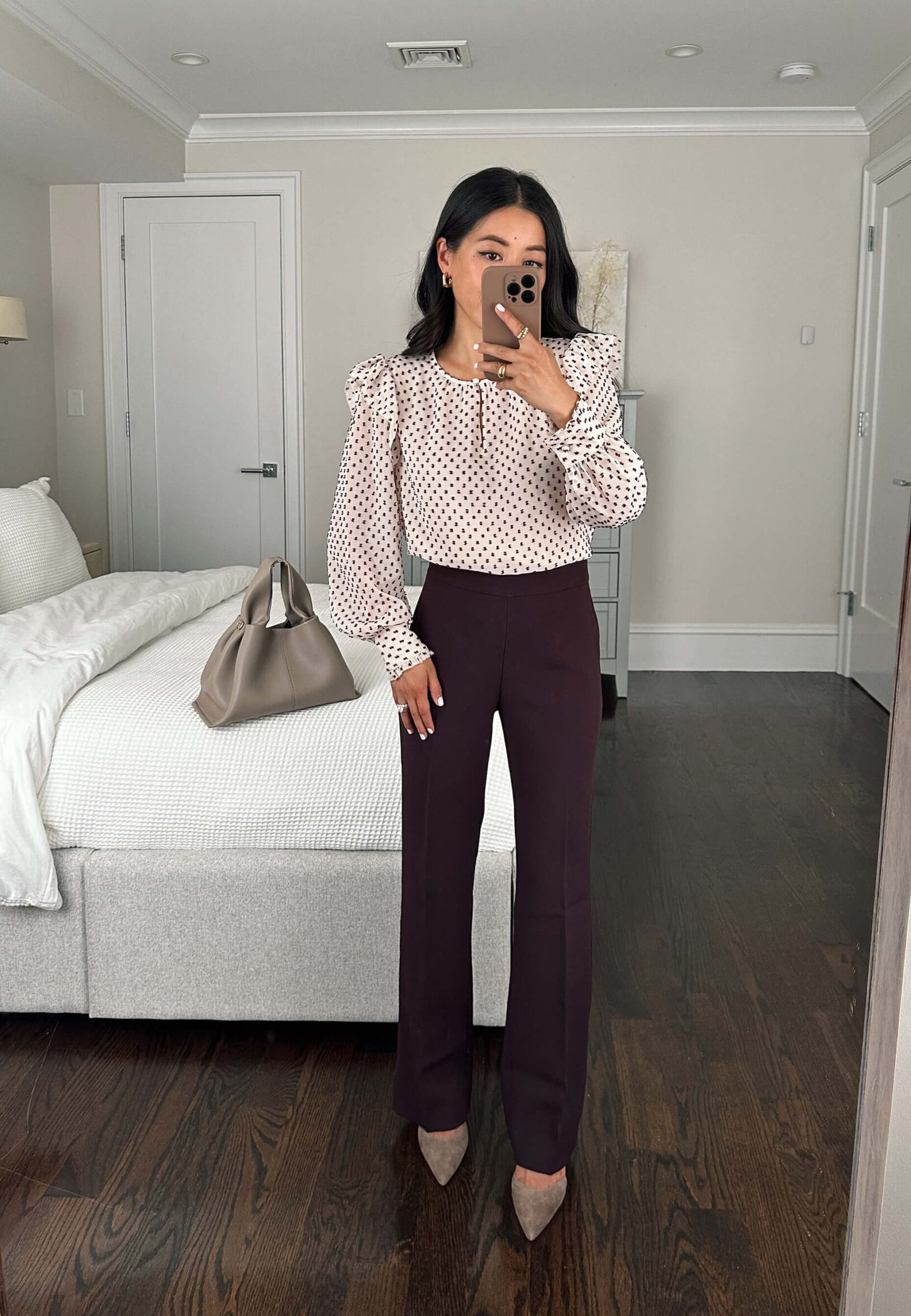 petite fall work outfit plum purple pants