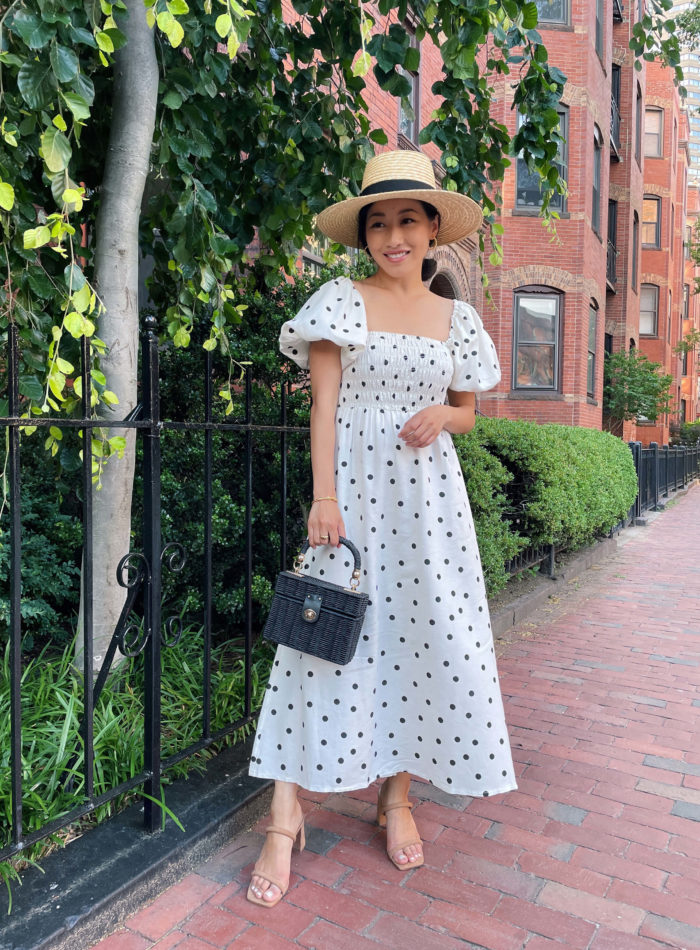 polka dot smocked petite maxi dress