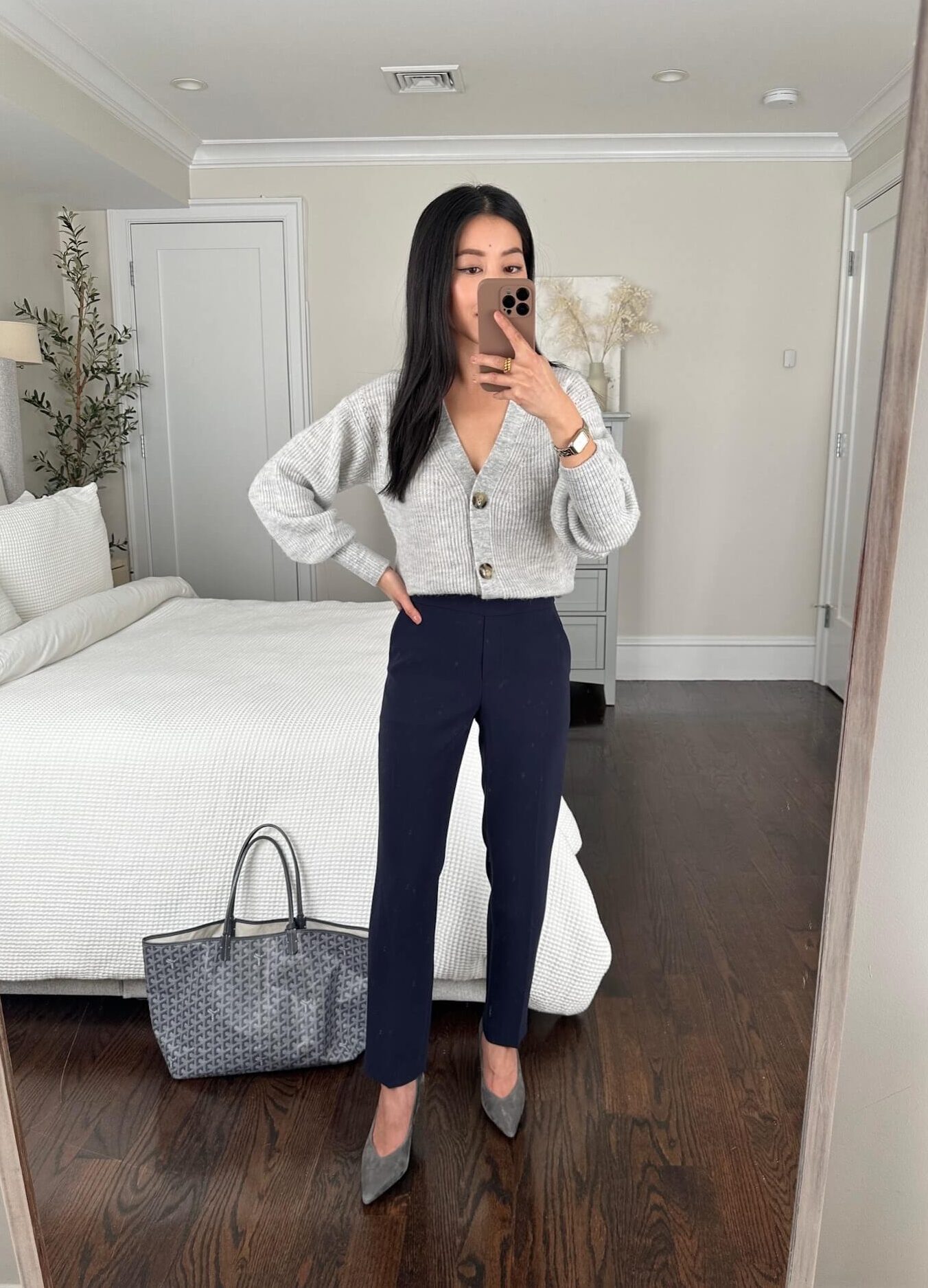 quince cardigan theory outlet pants work outfit