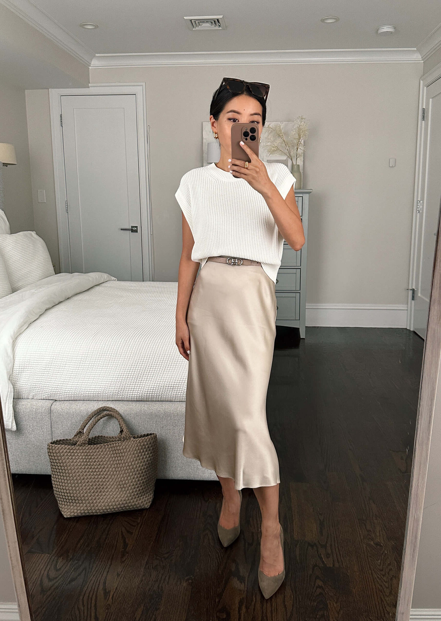 quince silk slip skirt petite work outfit