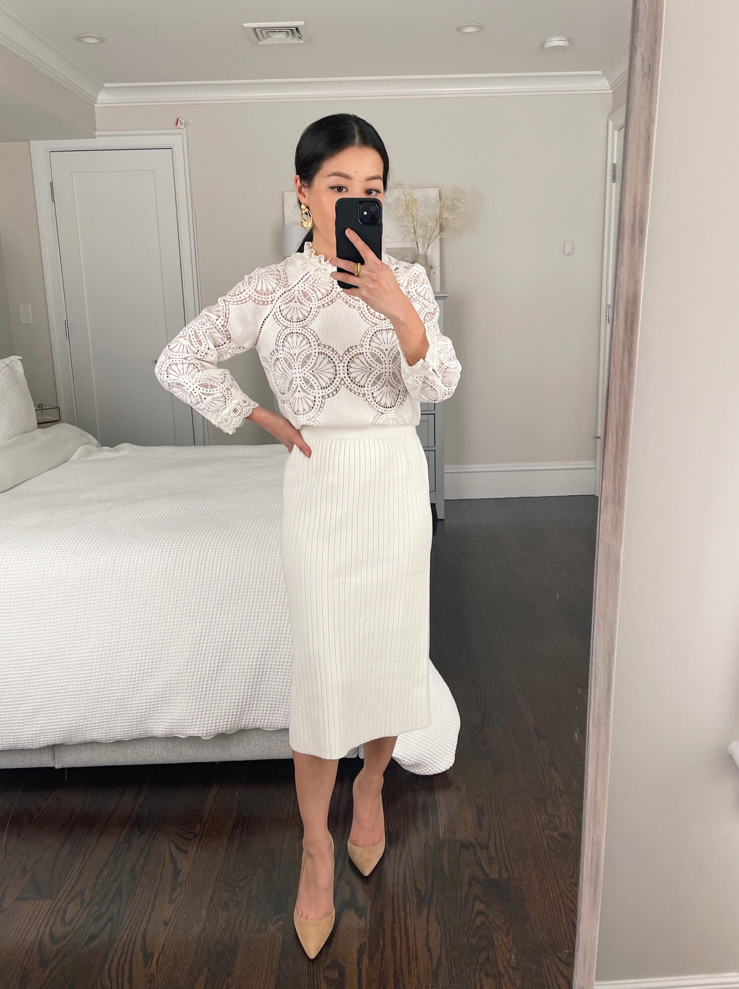 sezane white lace top sweater knit skirt