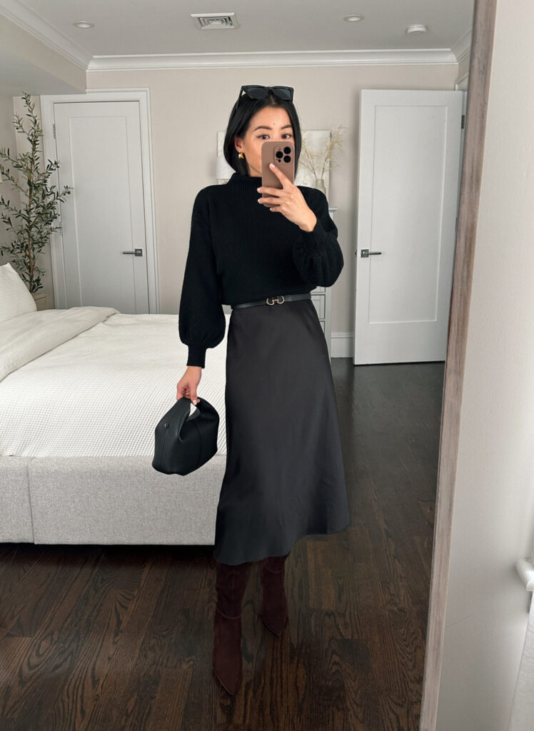 Petite holiday slip skirt fall winter outfit ideas