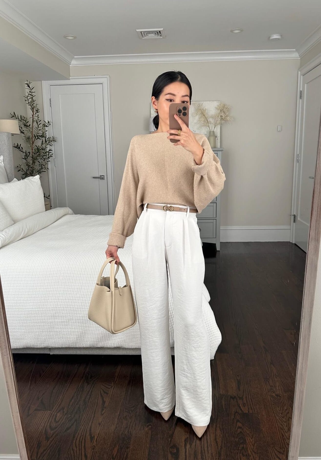 white crepe trousers petite work outfit