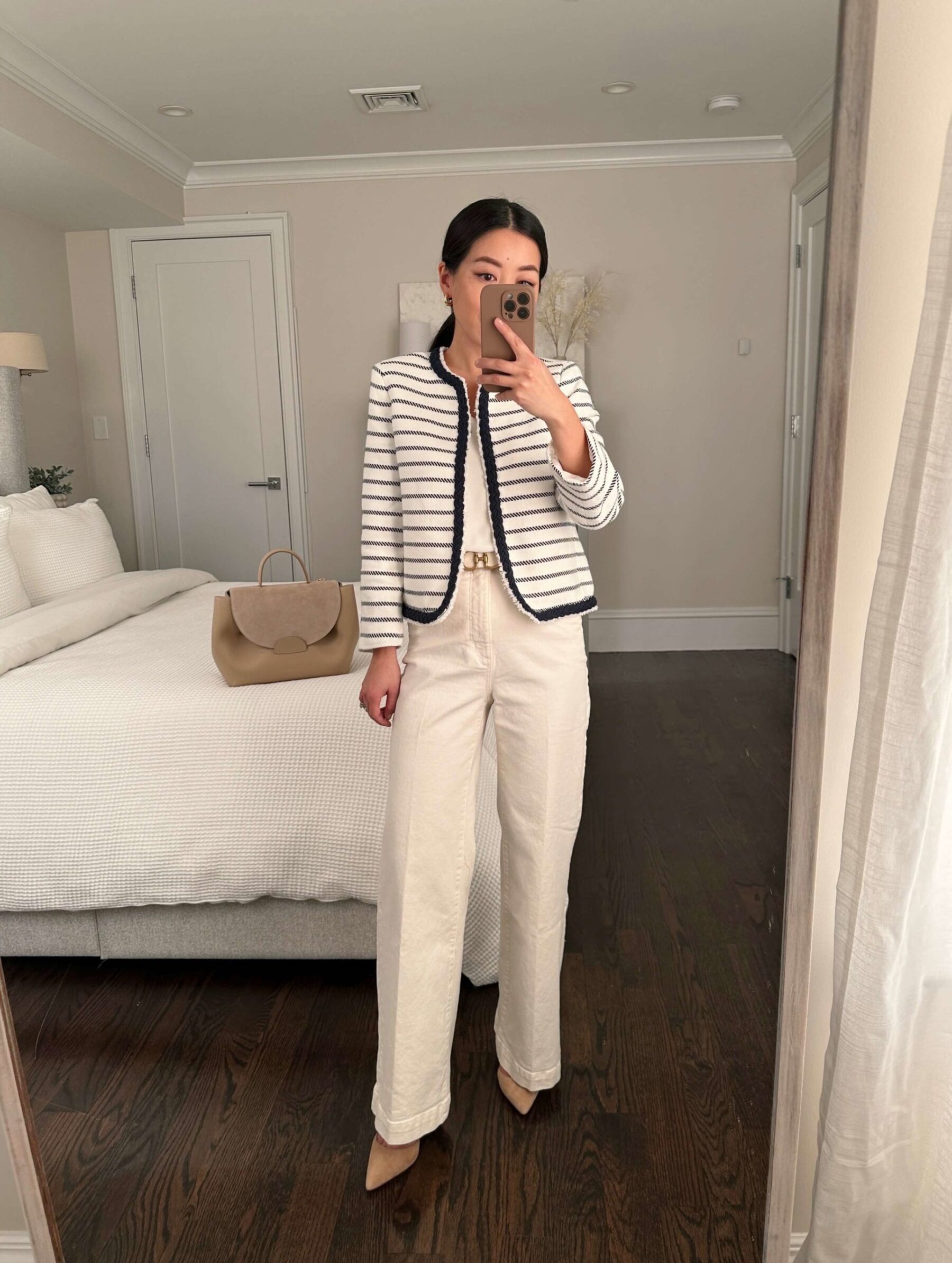tweed striped jacket trouser jeans ann taylor petite spring work outfit