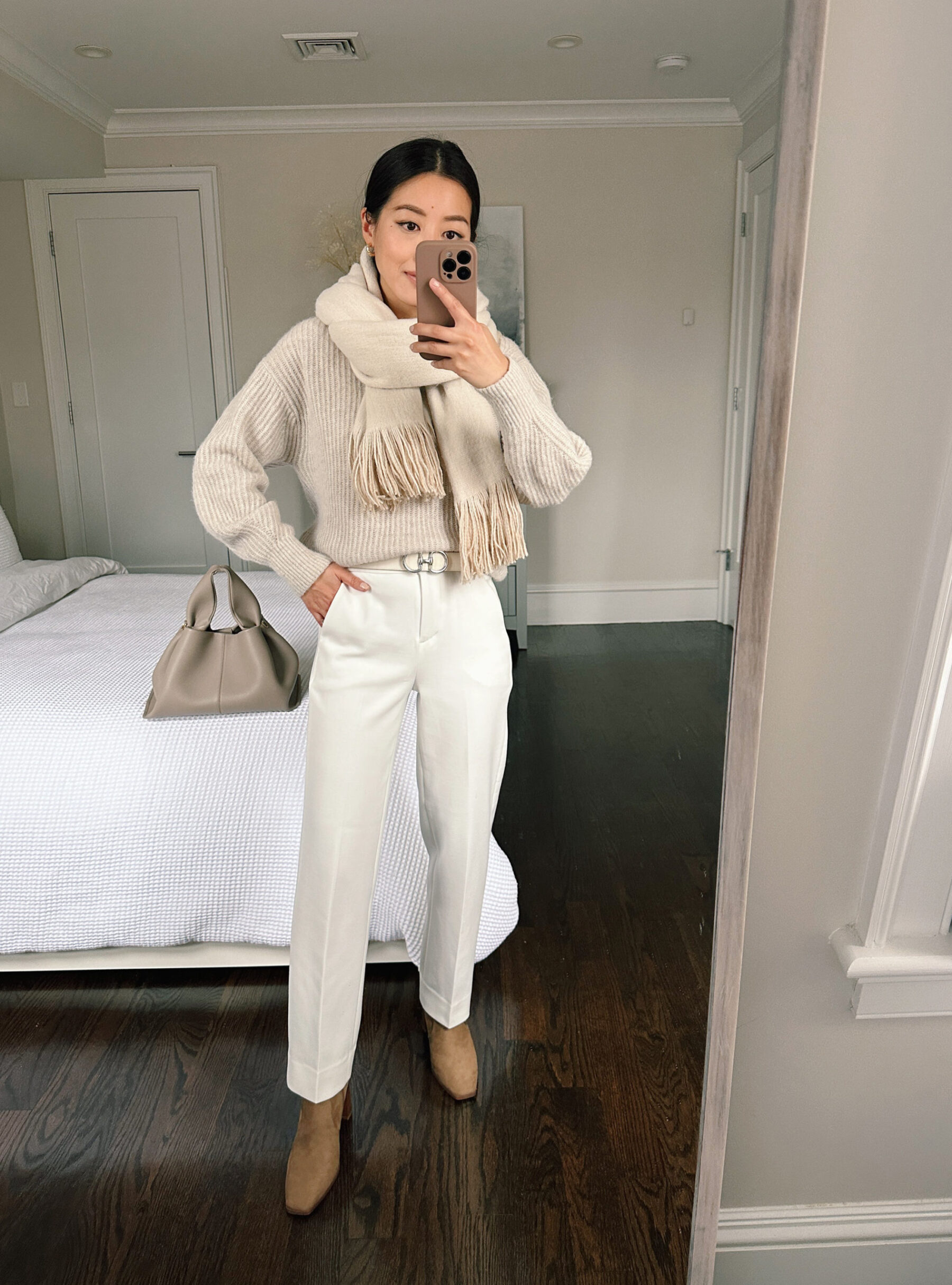 winter white petite cream work outfit with boots