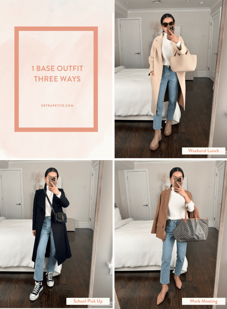 three ways to style jeans and a white mockneck sweater